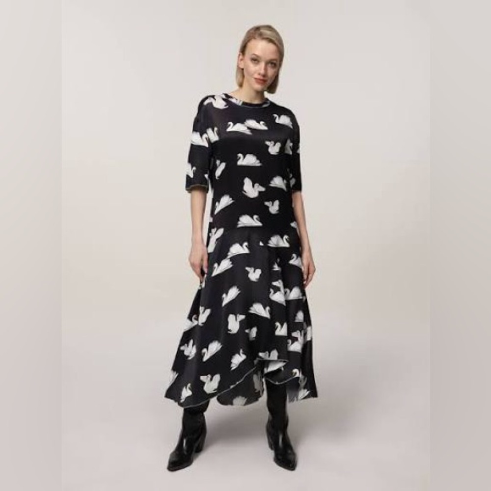Bimba Y Lola Black Swan-Print Midi Dress